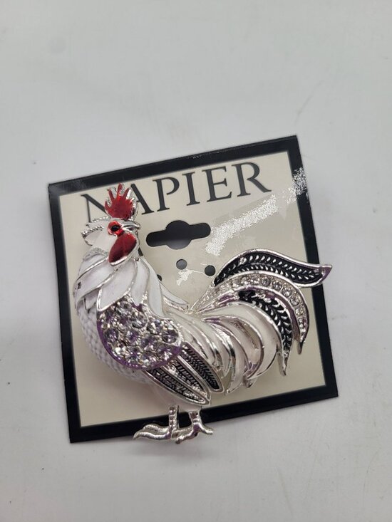 Napier Jewelry - Napier Chicken Rooster Pin Brooch White Red Whimsical Farm Country Silver Tone